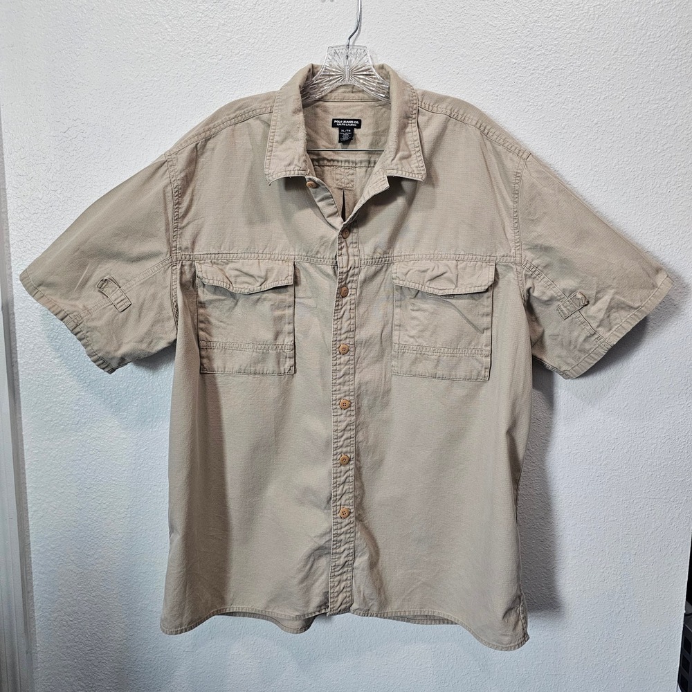 Polo Jeans Co Ralph Lauren Mens XL Khaki Tan Cotton Utility Work Shirt SS